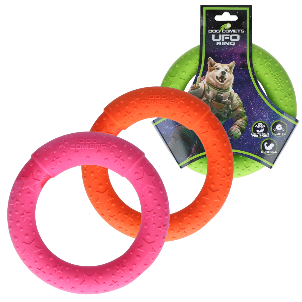 Sterk hondenspeelgoed - Dog Comets - UFO Ring Roze, groen en oranje