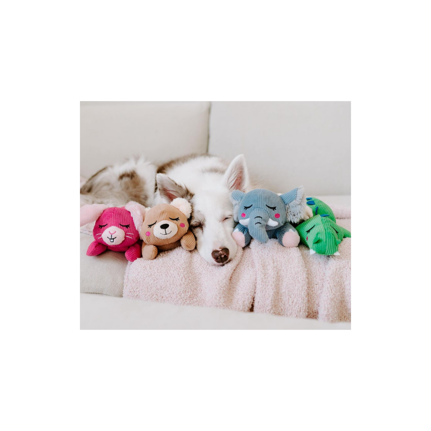 Stil hondenspeelgoed - Snooziez with Shhhqueaker – Zippy Paws - krokodil, beer, olifant en konijn