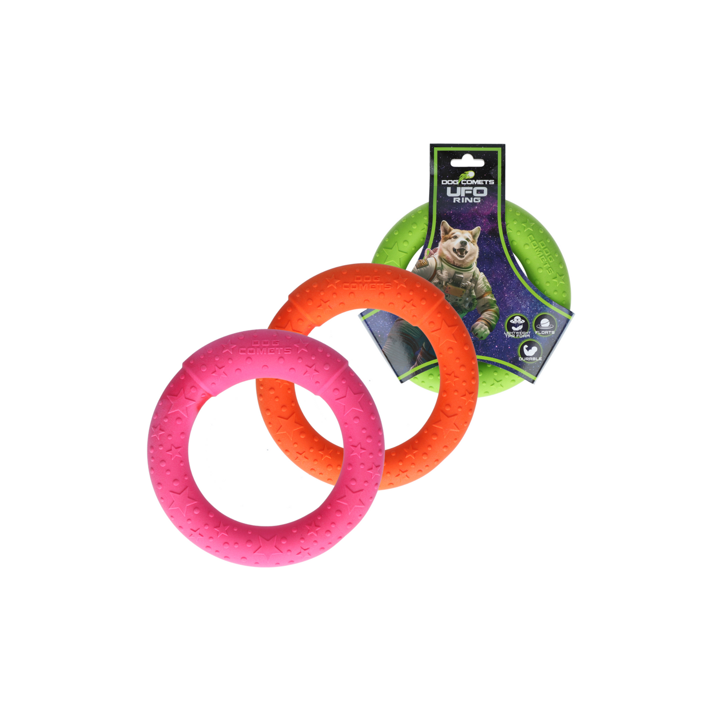 Sterk hondenspeelgoed - Dog Comets - UFO Ring Roze, groen en oranje